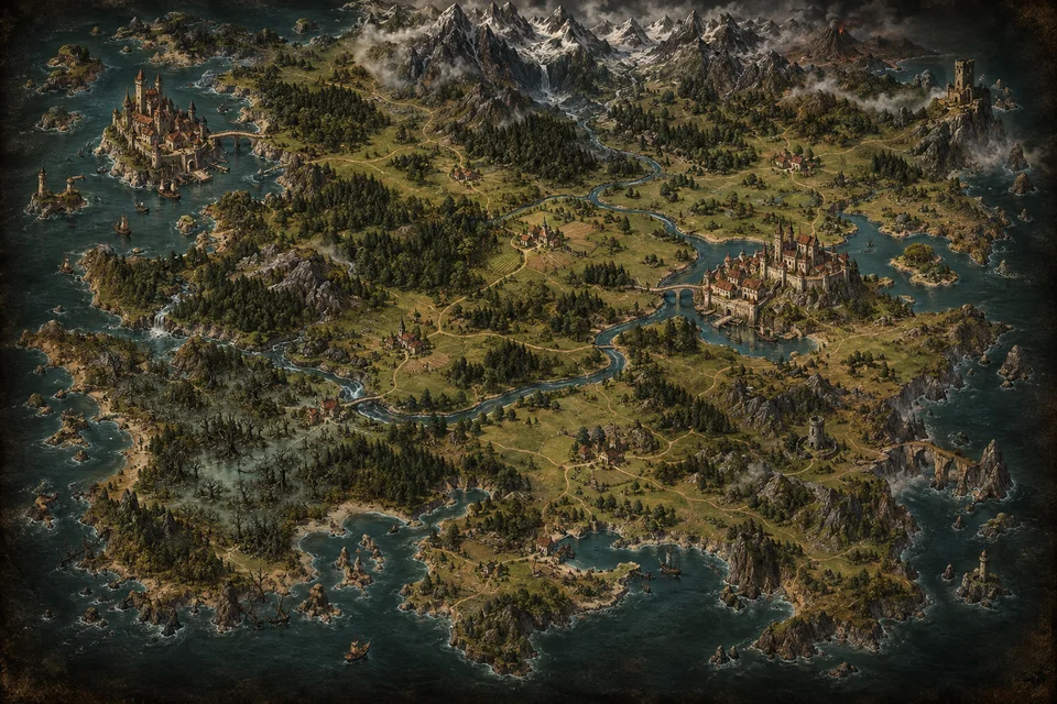 Ilustrowana mapa krain z miastami, lasami, górami i szlakami